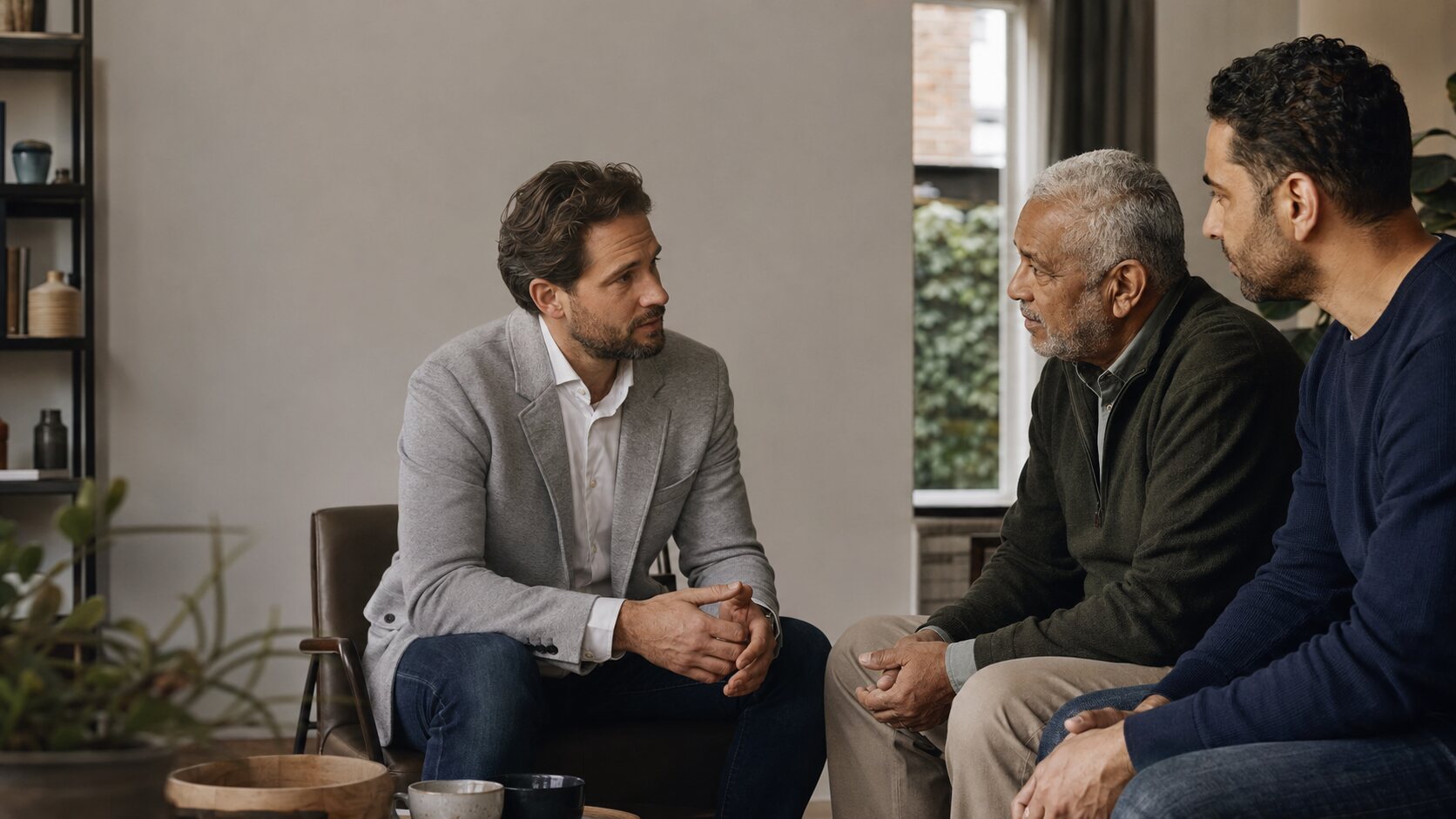 Een zorgcoördinator in gesprek met een cliënt en zijn naaste